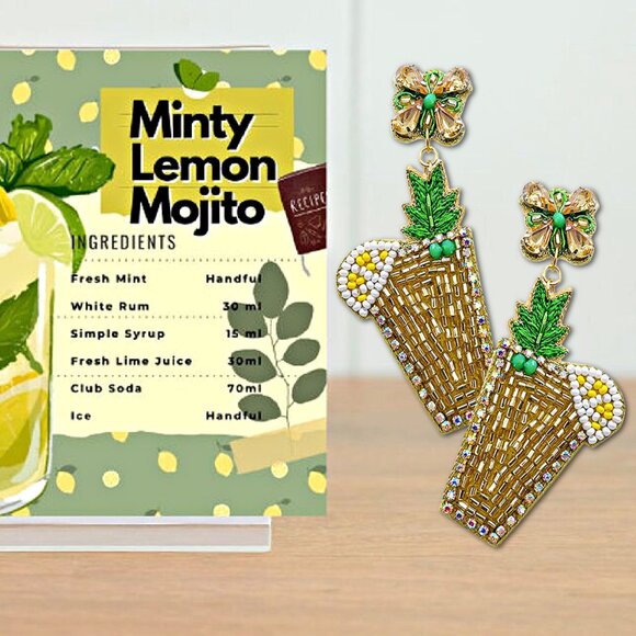 Mint Lemon Mojito Cocktail Seed Bead & Crystal Summer Resort Party Earrings NEW - Picture 3 of 4